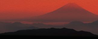 Vue du Mont Fuji à l'horizon à travers une brume rougeâtre, texturée d'un motif de diamants.