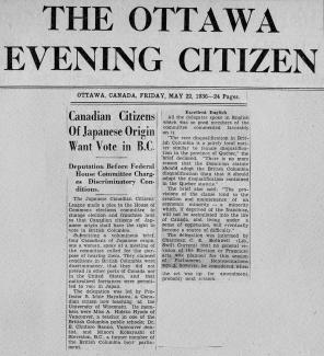 Discoloured Ottawa Evening Citizen newspaper clipping with headline: 'Canadian Citizens of Japanese Origin Want Vote in B.C.'