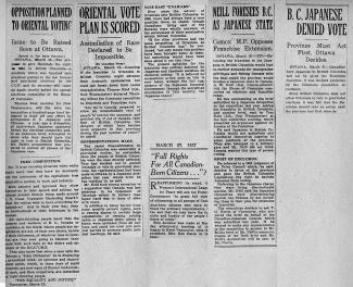 Page of newspaper clippings with headlines such as 'Opposition Planned to Oriental Voting' and 'B.C. Japanese Denied Vote.'
