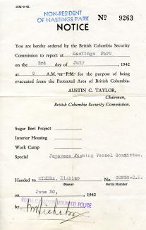 Colour scan of evacuation notice document, dated June 20, 1942. Partially filled out by hand, some information is stamped.