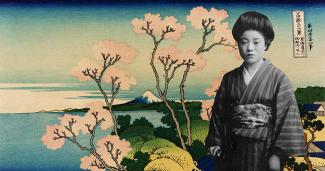 Black & white close-up photo of Japanese woman in traditional dress superimposed on illustration of cherry trees overlooking Mt. Fuji.