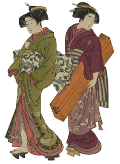 Illustration of two Japanese women in traditional clothing, one carrying a long orange box.