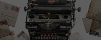 Colour image of typewriter imposed over images of old letter envelopes strewn across a white background.