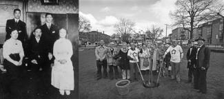 Two black & white photos; Japanese Canadian men and women sitting for a portrait, and group planting a tree in a park.