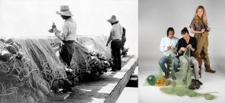 Image en noir et blanc de deux hommes canado-japonais réparant des filets de pêche, à côté, des jeunes avec un filet.