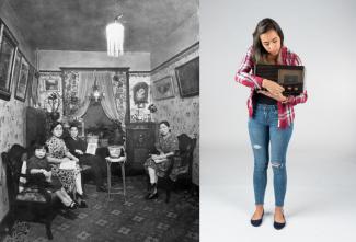 Black & white photo of Japanese Canadian family of four in sitting room, next to colour photo of young woman and old radio.