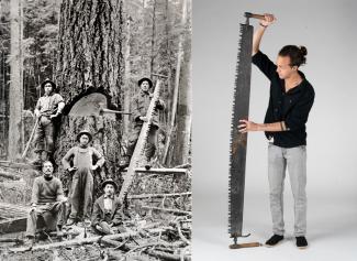 Black & white photo of five Japanese Canadian loggers with large tree, next to colour photo of young man with large saw.