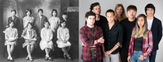 Black & white photo of nine Japanese Canadian youths with decorative backdrop, next to group photo of contemporary youths.