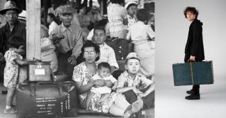 Image en noir et blanc de familles canado-japonaises en transit avec leurs bagages, à côté, un homme avec une mallette.