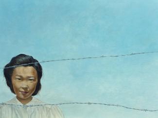 Painting of a young Japanese Canadian woman behind barbed wire wearing a white shirt, with blue sky in background.