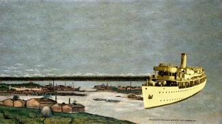 Photo montage of a ship imposed onto the shore of an illustration of a village.