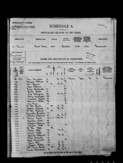 Black & white document with handwritten information on a printed chart. Title: 'NAMES AND DESCRIPTION OF PASSENGERS'.