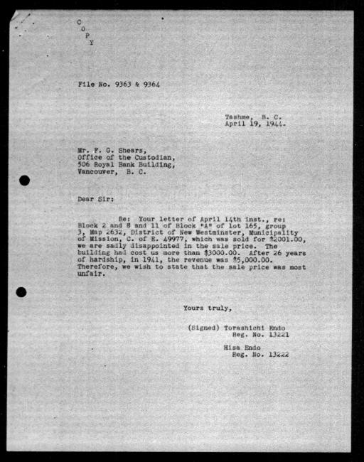 Scanned microfilm of a typewritten copy of a letter to government representative FG Shears from Torashichi Endo and Hisa Endo regarding about dispossession of their property. 