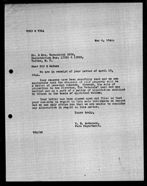 Scanned black-and-white microfilm of a typewritten reply letter addressed to Mr and Mrs Torashichi Endo from government representative WE Anderson regarding dispossession of their property.