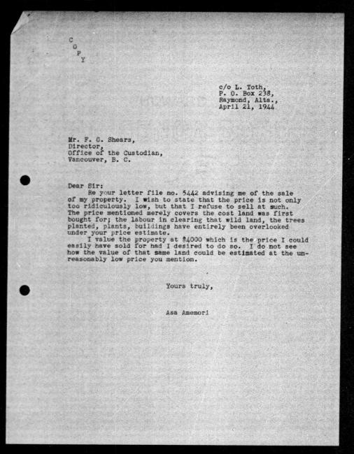 Scanned black-and-white microfilm of a typewritten copy of a letter to Government representative FG Shears from Asa Amemori regarding dispossession of their property. 