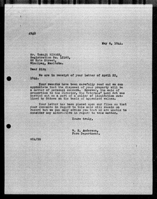 Scanned black-and-white microfilm of a typewritten reply letter to Tokuji Hirose from WE Anderson regarding the dispossession of their property.