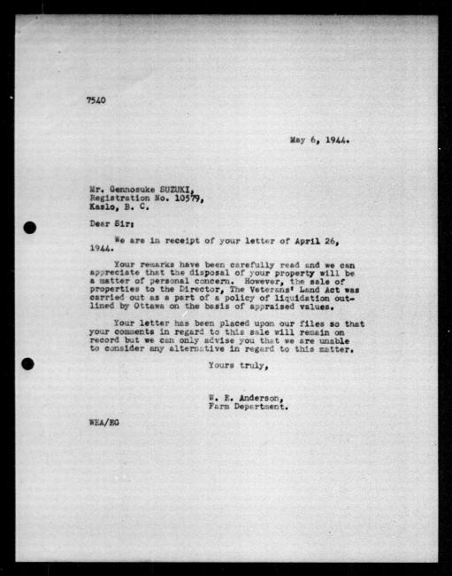 Scanned black-and-white microfilm of a typed reply letter to Gennosuke Suzuki from government representative WE Anderson regarding dispossession of their property.