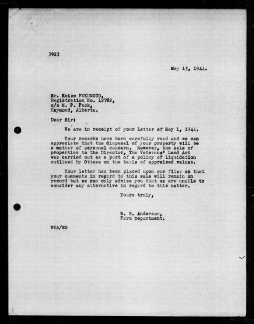 Scanned black-and-white microfilm of a typed reply letter to Keizo Fukumoto from government representative WE Anderson regarding dispossession of their property.