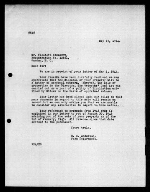 Scanned black-and-white microfilm of a typed reply letter to Yasutaro Sakamoto from government representative WE Anderson regarding dispossession of their property.