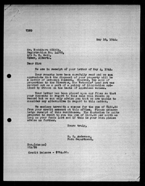 Scanned black-and-white microfilm of a typewritten reply letter to Yoshiharu Miyada from government representative WE Anderson regarding dispossession of their property.