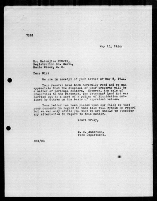 Scanned black-and-white microfilm of a typed letter reply to Matsujiro Ryujin from government representative WE Anderson regarding dispossession of their property.