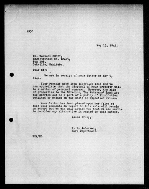 Scanned black-and-white microfilm of a typed reply letter to Yasushi Ohori from government representative WE Anderson regarding dispossession of their property.
