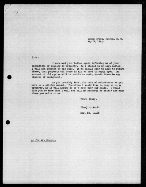 Scanned black-and-white microfilm of a typewritten copy of an unaddressed letter from Suejiro Mori regarding dispossession of their property.
