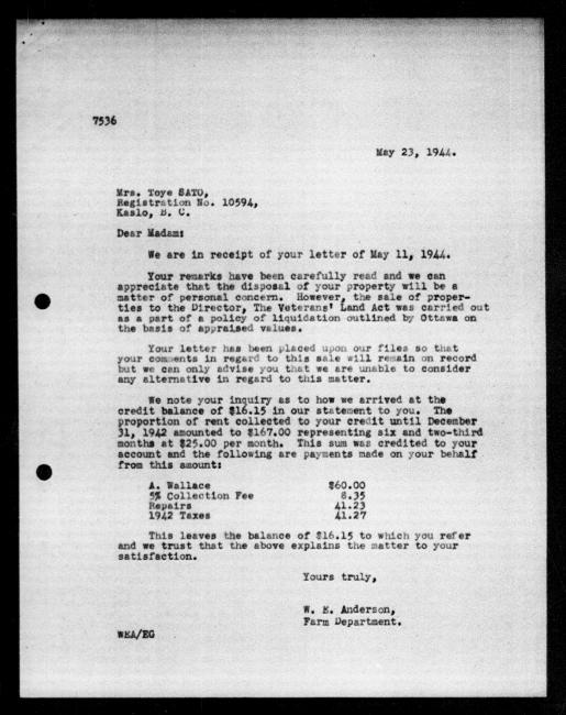 Scanned black-and-white microfilm of a typed reply letter to Toye Sato from government representative WE Anderson regarding dispossession of their property.