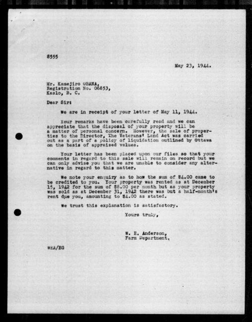 Scanned black-and-white microfilm of a typed reply letter to Kamejiro Obana from government representative WE Anderson regarding dispossession of their property.