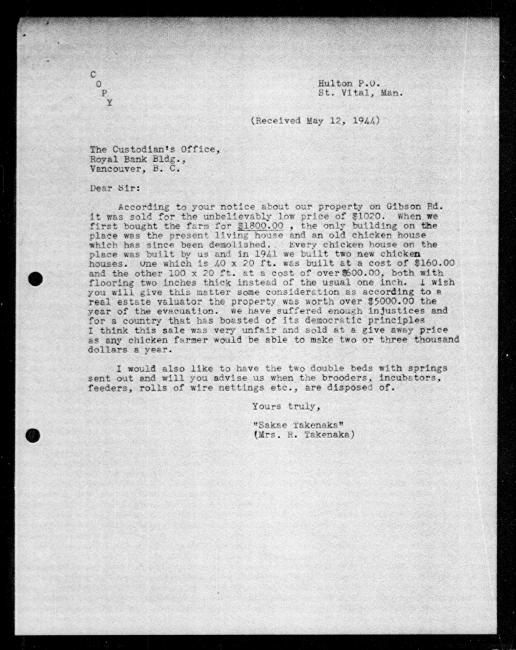 Scanned black-and-white microfilm of a typewritten copy of a letter addressed to the government from Sakae Takenaka regarding dispossession of their property.