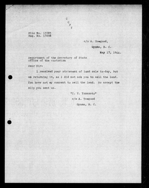 Scanned black-and-white microfilm of a typewritten copy of a letter addressed to the government from Isamu Yamamoto regarding dispossession of their property.