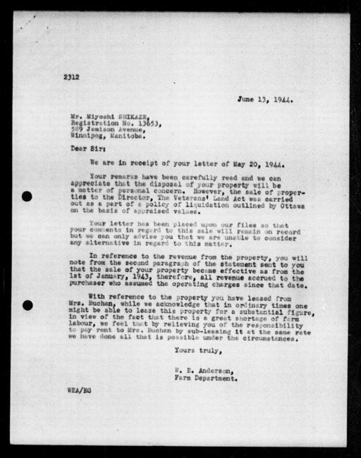 Scanned black-and-white microfilm of a typed reply letter to Miyoshi Shikaze from government representative WE Anderson regarding dispossession of their property.