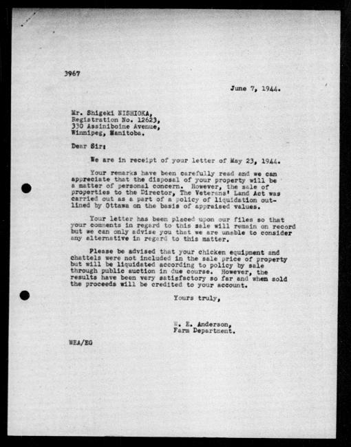 Scanned black-and-white microfilm of a typewritten reply letter to Shigeki Nishioka from government representative WE Anderson regarding dispossession of their property