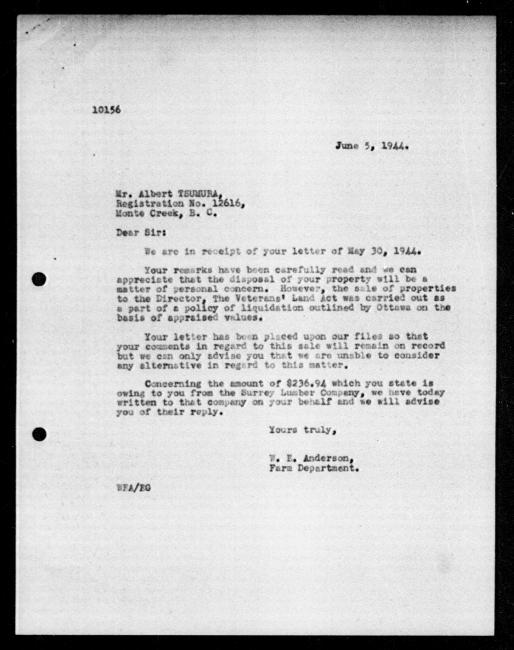 Scanned black-and-white microfilm of a typed reply letter to Albert Tsumura from government representative WE Anderson regarding dispossession of their property.