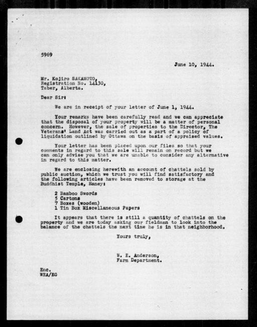 Scanned black-and-white microfilm of a typewritten reply letter to Kojiro Sakamoto from government representative WE Anderson regarding dispossession of their property.