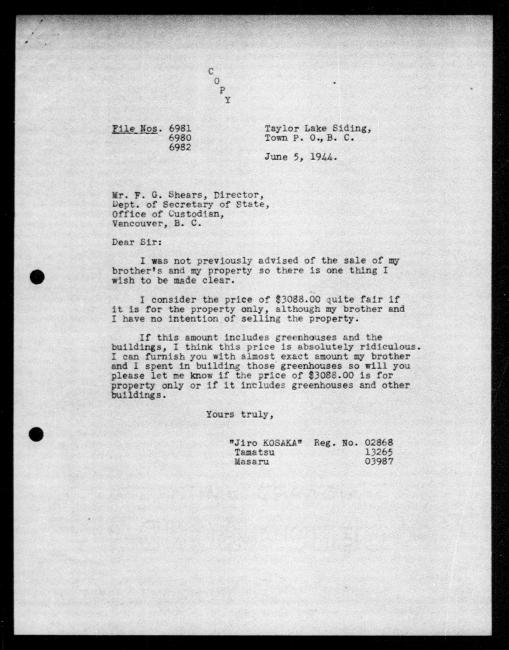 Scanned black-and-white microfilm of a typewritten copy of a protest letter addressed to the government representative FG Shears from Jiro, Tamatsu, and Masaru Kosaka regarding dispossession of their property.