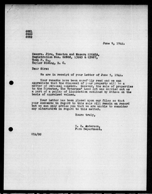 Scanned black-and-white microfilm of a typewritten reply letter to Kosaka family from government representative WE Anderson regarding dispossession of their property.