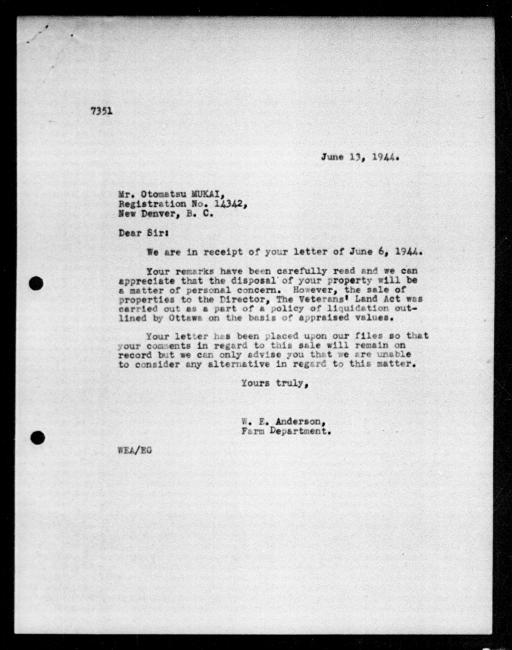 Scanned black-and-white microfilm of a typed reply letter to Otomatsu Mukai from government representative WE Anderson regarding dispossession of their property.