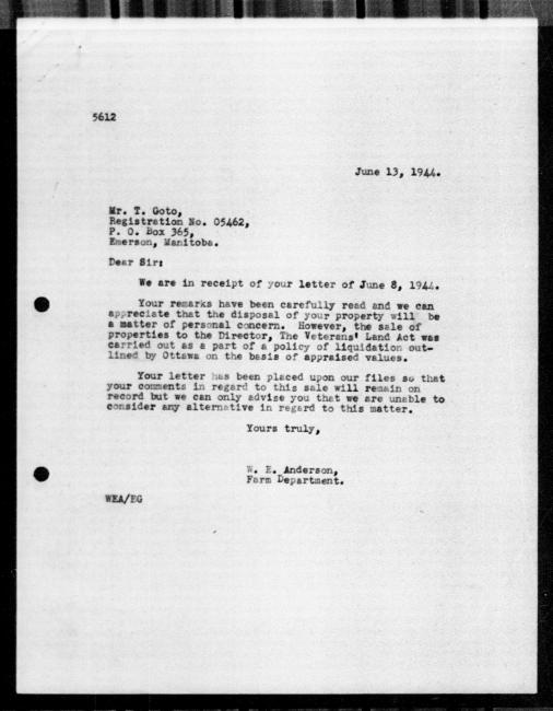 Scanned black-and-white microfilm of a typed reply letter to T Goto from government representative WE Anderson regarding dispossession of their property.