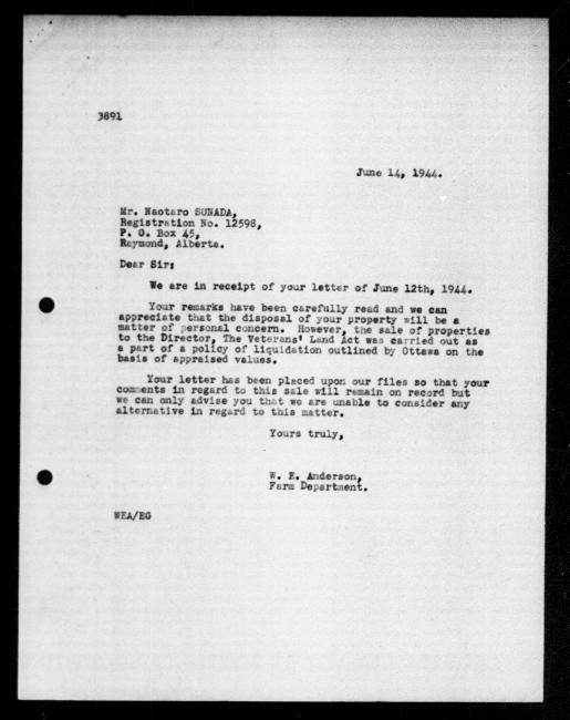 Scanned black-and-white microfilm of a typed reply letter to Naotaro Sunada  protest letter from government representative WE Anderson regarding dispossession of their property