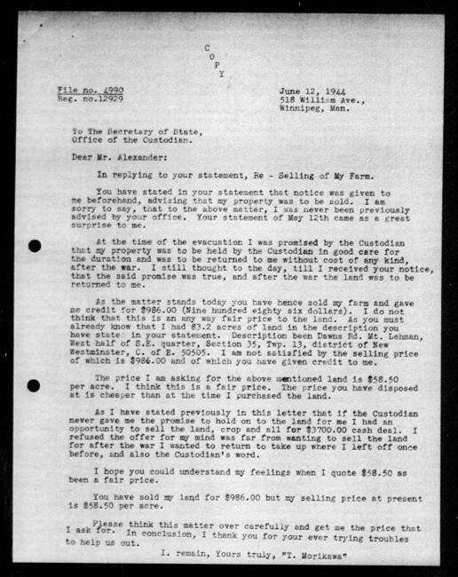 Scanned black-and-white microfilm of a typewritten copy of a letter addressed to government representative Mr. Alexander from Tokio Morikawa regarding dispossession of their property.