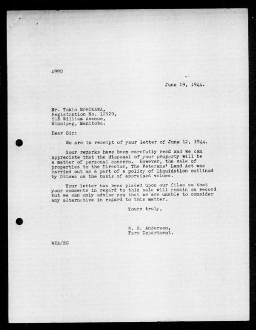 Scanned black-and-white microfilm of a typed reply letter to Tokio Morikawa from government representative WE Anderson regarding dispossession of their property.