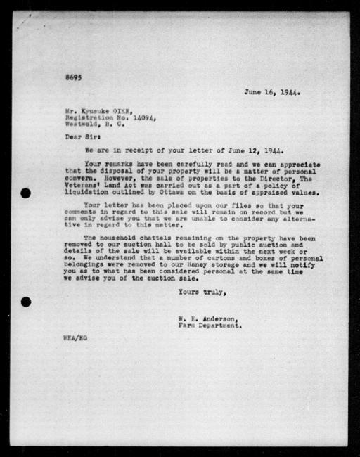 Scanned black-and-white microfilm of a typed reply letter to Kyusuke Oike from government representative WE Anderson regarding dispossession of their property.