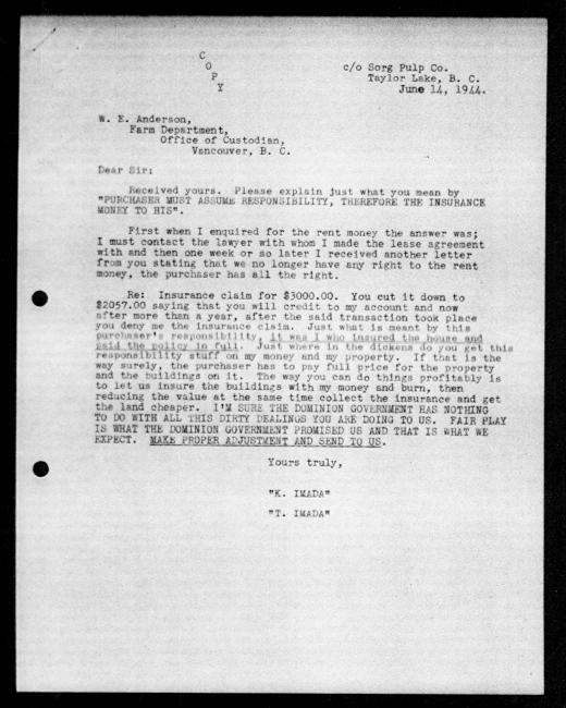 Scanned black-and-white microfilm of a typewritten copy of a letter addressed to the government from Kaichi and T Imada regarding dispossession of their property.