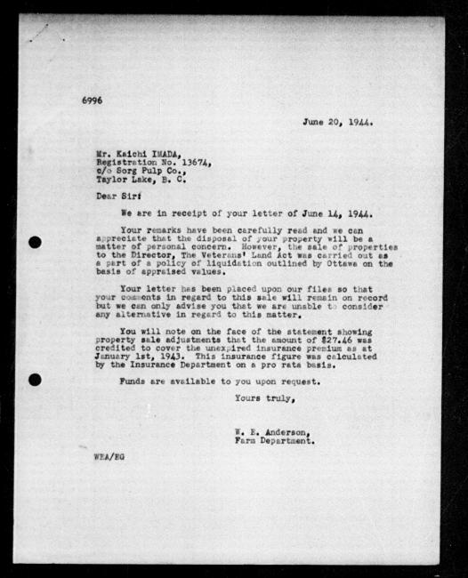 Scanned black-and-white microfilm of a typed reply letter to Kaichi Imada from government representative WE Anderson regarding dispossession of their property.