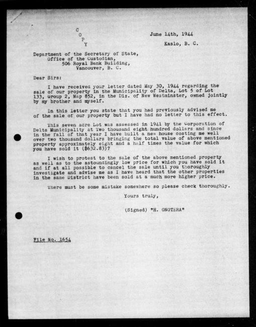 Scanned black-and-white microfilm of a typewritten copy of a letter addressed to the government from Hideo Onotera regarding dispossession of their property.
