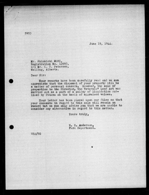 Scanned black-and-white microfilm of a typed reply letter to Shinkichi Mori from government representative WE Anderson regarding dispossession of their property.