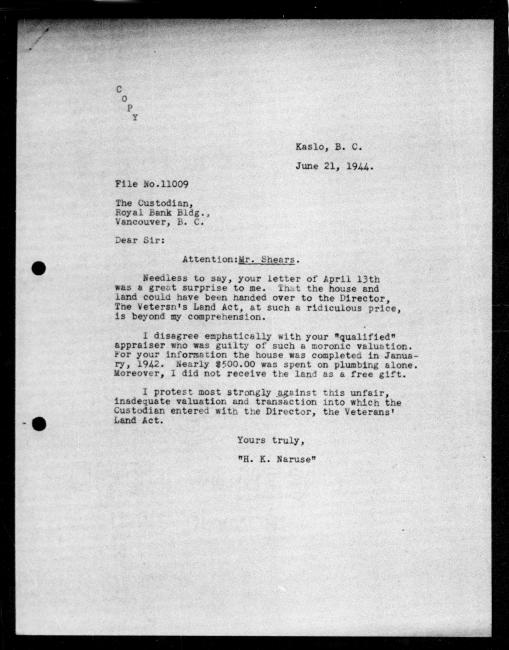 Scanned black-and-white microfilm of a typewritten copy of a letter addressed to the government from Henry Kanao Naruse regarding dispossession of their property.