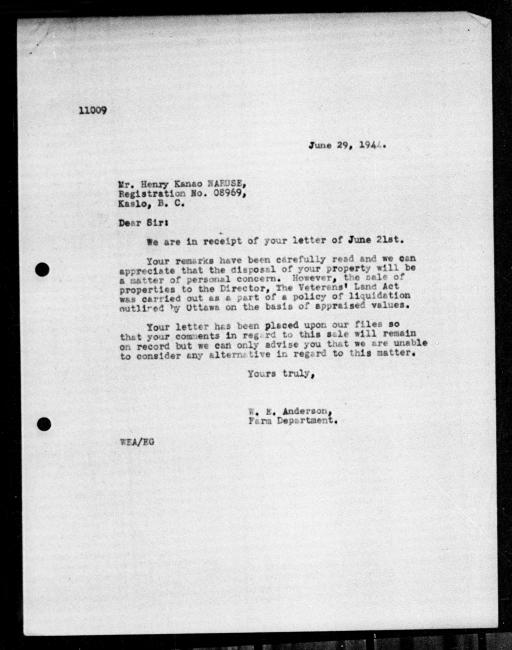 Scanned black-and-white microfilm of a typed reply letter to Henry Kanao Naruse from government representative WE Anderson regarding dispossession of their property.