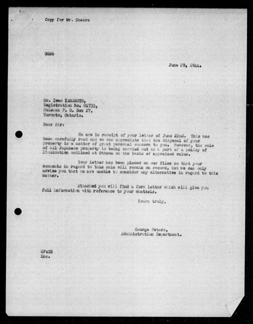 Scanned black-and-white microfilm of a typed reply letter to Iwao Yamamoto from government representative George Peters regarding dispossession of their property.
